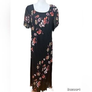 Eva Blue Size 16 Short Sheer Sleeve  Maxi Dress Floral on Black W/beaded Flowers
